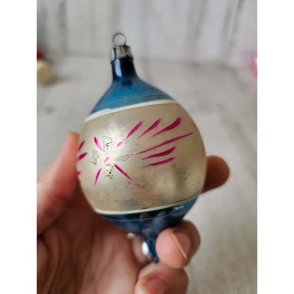 Antique Poland teardrop striped blue pink ornament Xmas Mercury glass tree - Picture 2 of 9